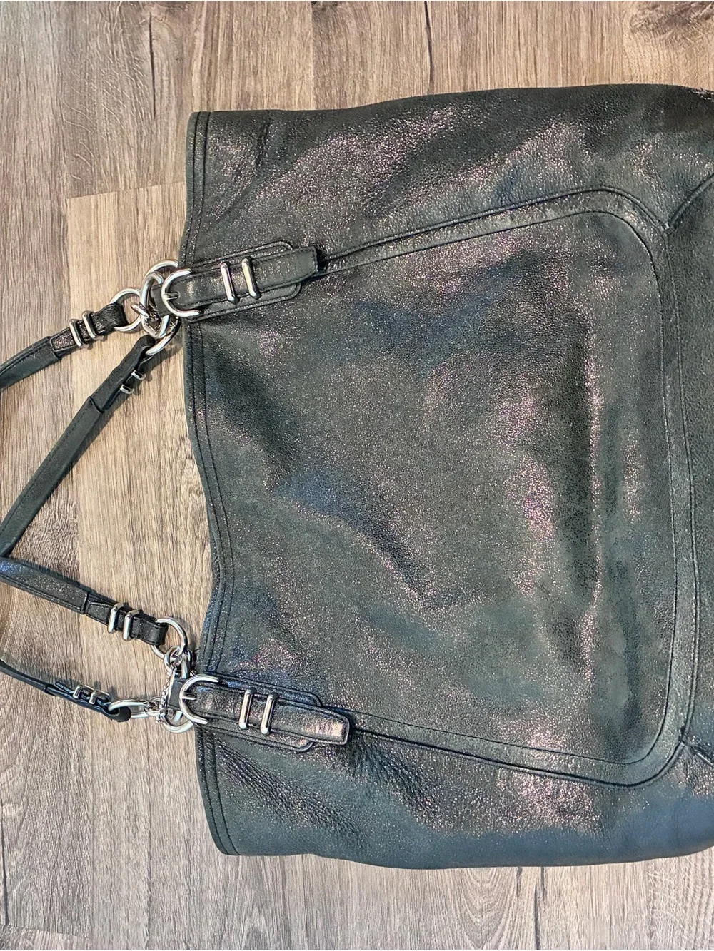 Coach Black Shimmer Leather Tote with Front Turn-Lock